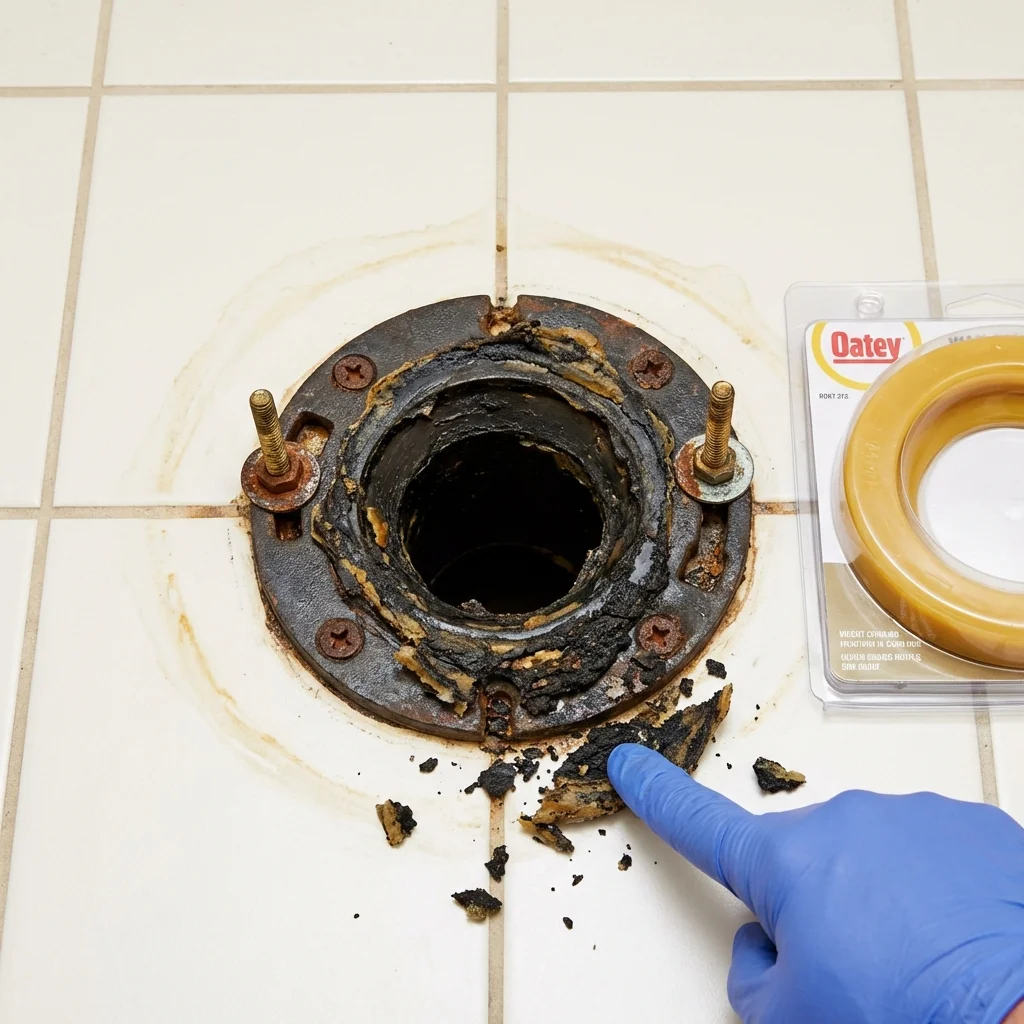 Failed wax ring showing water seepage at the base of a toilet in a Portsmouth, RI home