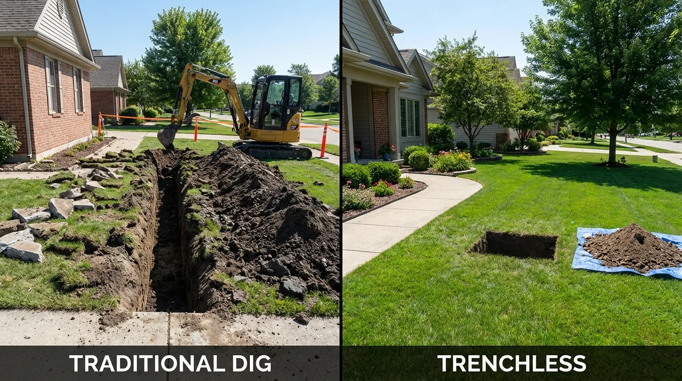 Trenchless sewer repair with minimal yard damage versus traditional excavation in Portsmouth, RI