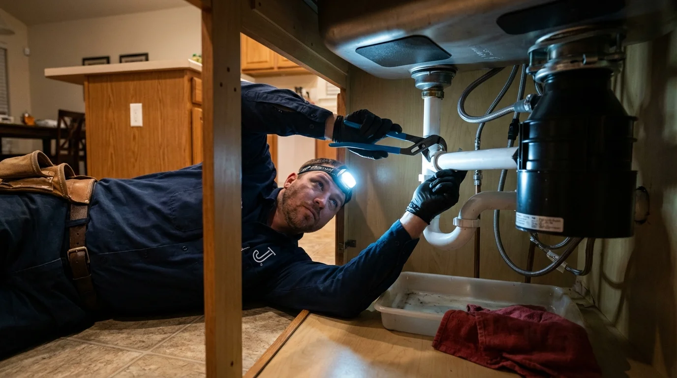P-trap and supply line connections under a kitchen sink showing a common leak point in Portsmouth, RI